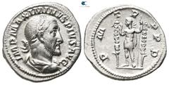 Roman Imperial Maximinus I Thrax AD 235-238. Rome Denarius AR 21 mm., 2,99 g. IMP MAXIMINVS PIVS AVG, laureate, draped, and cuirassed bust right / P M TR P P P, Maximinus standing left between two sig
