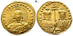 Byzantine Basil II Bulgaroktonos, with Constantine VIII AD 976-1025. Struck AD 989-1001. Constantinople Histamenon Nomisma AV 22 mm., 4,36 g. + IhS XIS REX REGNANTIhm, bust of Christ Pantokrator facin