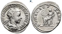 Roman Imperial Gordian III AD 238-244. Antioch Antoninianus AR 23 mm., 4,98 g. IMP CAES M ANT GORIANVS AVG, radiate, draped and cuirassed bust right / ROMAE AETERNAE, Roma seated left on shield, holdi
