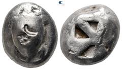 Greek Islands off Attica. Aegina circa 525-480 BC. Stater AR 22 mm., 12,01 g. Sea turtle, head in profile, two uncertain c/ms on the back of its shell / Incuse square of 'Union Jack' pattern. nearly v