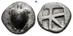 Greek Islands off Attica. Aegina circa 480-457 BC. Hemidrachm AR 13 mm., 2,73 g. Sea turtle, head in profile, ['T-back' design on shell] / Large square incuse with skew pattern. nearly very fine Meado