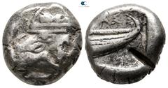 Greek Lycia. Phaselis circa 500-440 BC. Stater AR 19 mm., 11,08 g. Prow of galley left in the form of a forepart of a boar / [Φ]ΑΣ, stern of galley right within incuse square. very fine, test cut on r