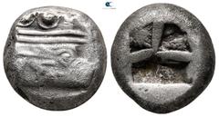 Greek Lycia. Phaselis 530-480 BC. Stater AR 18 mm., 10,61 g. Prow of galley in the form of boar's head right; small dolphin below nose / Divided incuse punch. very fine SNG Copenhagen -; SNG Aulock 43