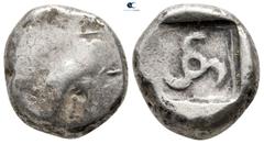 Greek Dynasts of Lycia. Uncertain Dynast circa 500-460 BC. Stater AR 18 mm., 8,76 g. [Forepart of boar left?] / Triskeles within incuse square. fine Cf. Müseler II, 21; cf. SNG Copenhagen Supp. 373.