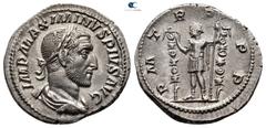 Roman Imperial Maximinus I Thrax AD 235-238. Rome Denarius AR 20 mm., 3,00 g. IMP MAXIMINVS PIVS AVG, laureate, draped, and cuirassed bust right / P M TR P P P, Maximinus standing left between two sig