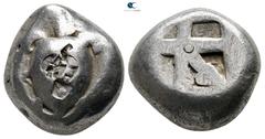 Greek Islands off Attica. Aegina circa 550-456 BC. Stater AR 18 mm., 12,21 g. Sea-turtle, head in profile; c/m: boars head right; large K and uncertain figure / Incuse square divided by broad flat ban