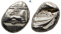 Greek Lycia. Phaselis 500-440 BC. Stater AR 21 mm., 11,01 g. Prow of galley left in the form of a forepart of a boar / [Φ]ΑΣ, stern of galley right within incuse square. very fine SNG Copenhagen 120-1