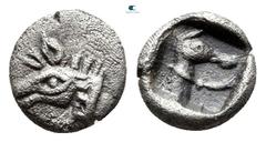 Greek Dynasts of Lycia. Uncertain mint 500-450 BC. Hemiobol AR 7 mm., 0,34 g. Forepart of boar left / Head and neck of hound right, wearing leash; all within incuse square. very fine Not in the standa