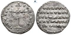 Byzantine Constantin VII and Romanus I AD 920-944. Constantinople Miliaresion AR 23 mm., 3,01 g. + IhSYS XRISTYS nICA, cross set on three steps set on globe; X in centre, cross at each arm / + COnSTAn