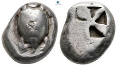 Greek Islands off Attica. Aegina 525-480 BC. Stater AR 20 mm, 12,25 g Sea turtle, head in profile, uncertain c/m on the back of its shell / Incuse square of 'Union Jack' pattern. very fine Cf. Meadows