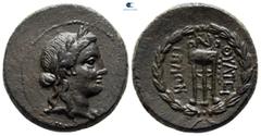 Greek Lydia. Thyateira circa 200-100 BC. Bronze Æ 24 mm, 7,92 g Laureate head of Apollo right / Filleted tripod; monogram above; all within wreath. good very fine BMC Lydia p. 292, 3.
