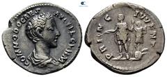 Roman Imperial Commodus, as Caesar AD 166-177. Struck AD 172-175. Rome Denarius AR 20 mm, 2,93 g COMMODO CAES AVG FIL GERM SARM, bare head right / PRINC IVVENT, Commodus standing left, holding branch 
