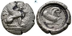 Greek Dynasts of Lycia. Uncertain mint. Uncertain Dynast 480-460 BC. Stater AR 21 mm, 8,56 g Sphinx seated right, rising left paw / Forepart of Pegasos to right, within circular incuse bordered by dot