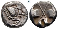 Greek Dynasts of Lycia. Uncertain mint. Uncertain Dynast circa 520-470 BC. Stater AR 17 mm, 8,26 g Forepart of boar right / Incuse square divided by large X, indentations on two sides. good very fine 