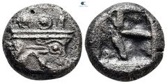 Greek Lycia. Phaselis circa 530-480 BC. Stater AR 18 mm, 9,04 g Prow of galley in the form of boar's head right; small dolphin below nose / Divided incuse punch. very fine SNG Copenhagen -; SNG Aulock