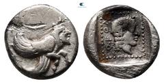 Greek Dynasts of Lycia. Uncertain mint. Uvug 470-440 BC. Obol AR 8 mm, 0,67 g Forepart of winged man-headed bull right / OFOV, male head right within dotted border, all within incuse square. very fine