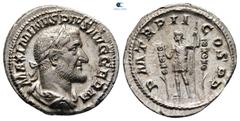 Roman Imperial Maximinus I Thrax AD 235-238. Rome Denarius AR 18 mm, 3,20 g IMP MAXIMINVS AVG GERM, laureate, draped and cuirassed bust right / PM TR P II COS P P, Maximinus standing left between two 