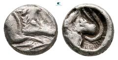 Greek Dynasts of Lycia. Uncertain Dynast circa 480-430 BC. Hemiobol AR 7 mm, 0,51 g Forepart of boar right / Head and neck of leashed dog right within incuse square. nearly very fine Cf. Traité 184 (D
