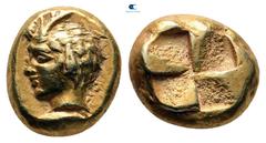 Greek Mysia. Kyzikos circa 450-330 BC. Sixth Stater or Hekte EL 10 mm, 2,63 g Bare male head left; below, tunny / Quadripartite incuse square. good very fine Nomisma VII 143; cf. Boston MFA 1514 (stat