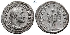 Roman Imperial Maximinus I Thrax AD 235-238. Rome Denarius AR 20 mm, 1,40 g MAXIMINVS PIVS AVG GERM, laureate, draped, and cuirassed bust right / P M TR P II COS P P, Maximinus standing left between t