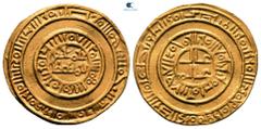 Middle age Latin Kingdom of Jerusalem circa AD 1000-1200. Imitation of a Fatimid Dinar of al-Amir. Akka (Acre) mint Bezant AV 22 mm, 3,63 g Beginning of caliphal titles in two lines, continuation of n