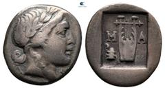 Greek Lycia. Masikytes. Lycian League 40-20 BC. Hemidrachm AR 15 mm, 1,50 g Laureate head of Apollo right / Kithara of three strings, M-A across upper fields, serpent coiled around omphalos in left fi