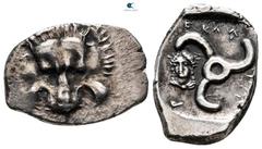 Greek Dynasts of Lycia. Perikles 380-360 BC. 1/3 Stater AR 17 mm, 3,12 g Facing lion scalp / Triskeles; to left, laureate and draped bust of Apollo (?) facing slightly to left; all within incuse squar