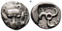 Greek Dynasts of Lycia. Uncertain mint. Perikles 380-360 BC. 1/3 Stater AR 15 mm, 2,92 g Lion scalp facing / ΠΡ-ΕΚΛ; triskeles, in one section, draped bust of Hermes, wearing winged petasos, facing sl
