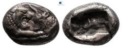 Greek Kings of Lydia. Sardeis. Kroisos 560-546 BC. 1/6 Siglos AR 11 mm, 1,72 g Confronted foreparts of lion right, with extended right foreleg, and bull left / Incuse square. very fine GRPC Lydia S6; 
