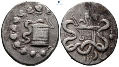 Greek Lydia. Tralleis circa 155-145 BC. Cistophoric Tetradrachm AR 28 mm, 12,38 g Cista mystica with serpent; all within ivy wreath / Bowcase between two serpents; [Τ]ΡΑΛ to left; amphora with ornate 