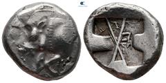 Greek Dynasts of Lycia. Uncertain mint. Uncertain Dynast circa 500-460 BC. Stater AR 21 mm, 9,28 g Forepart of boar to left / Incuse square divided by large X, with inward curved protuberances on thre