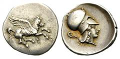 CORINTHIA, Corinth. Circa 400-375 BC. Stater (Silver, 23mm, 8.51 g 3). Pegasos flying to right; below, koppa. Rev. Helmeted head of Athena to right; behind, serpent to right. BCD Korinth 63. Pegasi 22