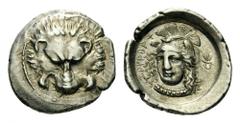 DYNASTS of LYCIA. Zagaba, c. 400-380 BC. Third Stater (Silver, 18mm, 3.16 g 12). Lion’s scalp Rev. zrçrBrCr Head of Athena, three-quarter facing to left, wearing crested and plumed helmet; behind to r