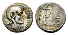 P. Cornelius Lentulus Marcellinus, 50 BC. Denarius (Silver, 18mm, 3.90 g 5), Rome. MARCELLINVS Bare head to right of M. Claudius Marcellus, consul in 222; behind, triskeles. Rev. MARCELLVS COS QVINQ M