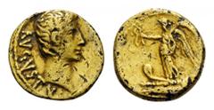 Augustus, 27 BC-AD 14. Quinarius (Gold plated copper, 13mm, 1.87 g 9), uncertain mint copying Pergamum, after 27 BC. AVGVSTVS Bare head of Augustus to right. Rev. Victory standing left on prow, holdin