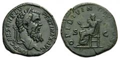Pertinax, 193. Sestertius (Orichalcum, 31mm, 23.36 g 1), Rome. IMP CAES P HELV PERTINAX AVG Laureate head of Pertinax to right. Rev. OPI DIVIN TR P COS II / S - C Ops seated left on throne, holding gr
