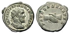 Pupienus, 238. Antoninianus (Silver, 4.85 g 12), Rome. IMP CAES PVPIEN MAXIMVS AVG Radiate, draped and cuirassed bust of Pupienus to right. Rev. PATRES SENATVS Clasped right hands. Cohen 21. RIC 11b. 