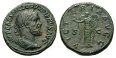 Pupienus, 238. Sestertius (Bronze, 31mm, 23.84 g 1), Rome. IMP CAES M CLOD PVPIENVS AVG Laureate, draped and cuirassed bust of Pupienus to right. Rev. VICTORIA AVGG / S - C Victory standing facing, he