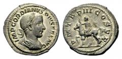 Gordian III, 238-244. Denarius (Silver, 21mm, 3.20 g 12), Rome, 240. IMP GORDIANVS PIVS FEL AVG Laureate, draped and cuirassed bust of Gordian III to right. Rev. P M TR P III COS P P Gordian III ridin