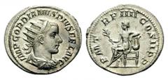 Gordian III, 238-244. Antoninianus (Silver, 23mm, 4.49 g 1), Rome, 241. IMP GORDIANVS PIVS FEL AVG Radiate, draped and cuirassed bust of Gordian III to right. Rev. P M TR P IIII COS II P P Apollo seat