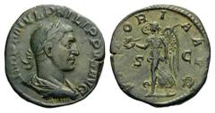 Philip I, 244-249. Sestertius (Bronze, 29mm, 16.30 g 12), Rome, 244. IMP M IVL PHILIPPVS AVG Laureate, draped and cuirassed bust of Philip I to right. Rev. VICTORIA AVG / S - C Victory advancing left,