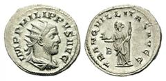 Philip I, 244-249. Antoninianus (Silver, 23mm, 4.50 g 12), Rome, 248. IMP PHILIPPVS AVG Radiate, draped and cuirassed bust of Philip I to right. Rev. TRANQVILLITAS AVGG / B Tranquillitas standing left