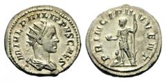 Philip II, as Caesar, 244-247. Antoninianus (Silver, 22mm, 4.67 g 6), Rome, 244-246. M IVL PHILIPPVS CAES Radiate, draped and cuirassed bust of Philip II to right. Rev. PRINCIPI IVVENT Philip II as Pr