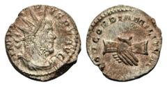 Marius, 269. Antoninianus (Billon, 19mm, 3.32 g 6), Cologne, 269. IMP C MARIVS P F AVG Radiate, draped and cuirassed bust of Marius to right. Rev. CONCORDIA MILITVM Clasped right hands. AGK (corr.) 3b