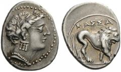 GAUL, Massalia. Circa 220/210-200/190 BC. Drachm (Silver, 14x17mm, 2.62 g 7). Head of Artemis to right, wearing laurel wreath, elaborate earring and necklace. Rev. MAΣΣA Lion prowling right. Brenot, M