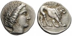 GAUL, Massalia. Circa 220/210-200/190 BC. Drachm (Silver, 14mm, 2.72 g 7). Head of Artemis to right, wearing laurel wreath, elaborate earring and necklace. Rev. MAΣΣA Lion prowling right; O between le