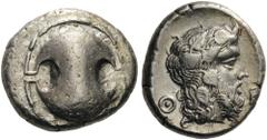 BOEOTIA, Thebes. Circa 425-395 BC. Stater (Silver, 21mm, 12.17 g). Boeotian shield. Rev. Θ Ε Bearded head of Dionysos to right, wearing ivy wreath. BCD Boiotia 437-438 var. SNG Copenhagen 284. An attr
