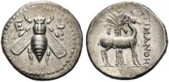 IONIA, Ephesos. Circa 202-150. Drachm (Silver, 18mm, 3.71 g 12), Timanthes. E - Φ Bee with straight open wings. Rev. TIMANΘH Stag standing right; behind, palm tree. Kinns, Ephesus p. 90. SNG Copenhage