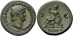Nero, 54-68. Sestertius (Bronze, 35mm, 25.71 g 6), Rome, 67. IMP NERO CLAVD CAESAR AVG GERM P M TR P XIII P P Laureate head of Nero to right. Rev. S - C / ROMA Helmeted Roma seated left on cuirass, ho