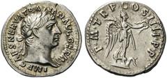 Trajan, 98-117. Denarius (Silver, 19mm, 3.15 g 6), Rome, 101-102. IMP CAES NERVA TRAIAN AVG GERM Laureate head of Trajan to right, wearing slight drapery on left shoulder. Rev. P M TR P COS IIII P P V